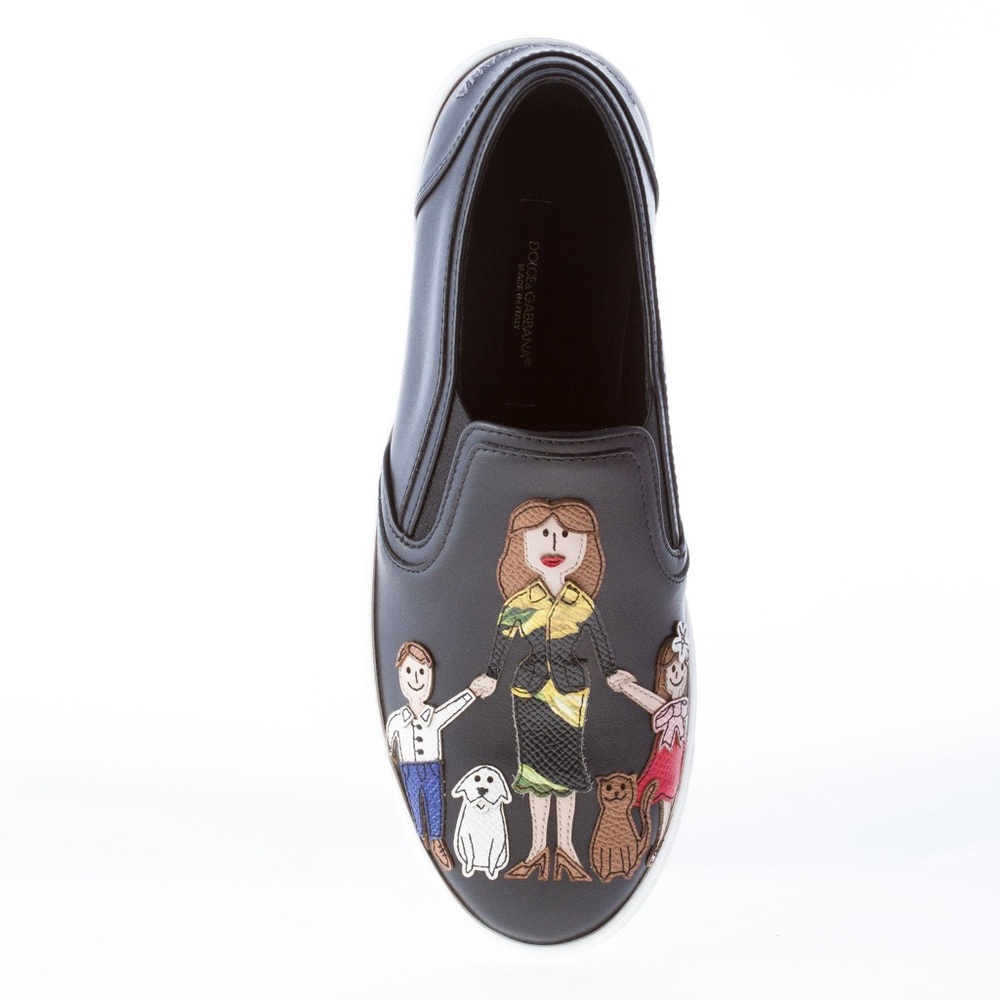 Dolce & Gabbana Family Patch Black Leather Round Toe Slip-on Shoes